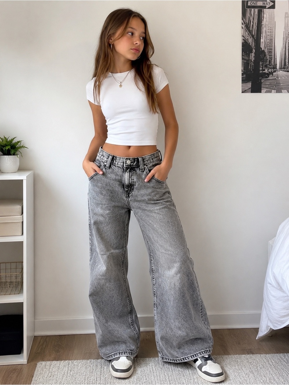 Old Navy Girls Size 16 Grey Acid Wash Baggy Flare Jeans Y2K Wide Leg
